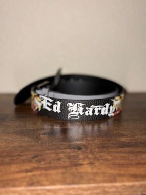 Ed Hardy Black Leather Tiger Belt Size 38 Studded Y2K Graphic Buckle NWT